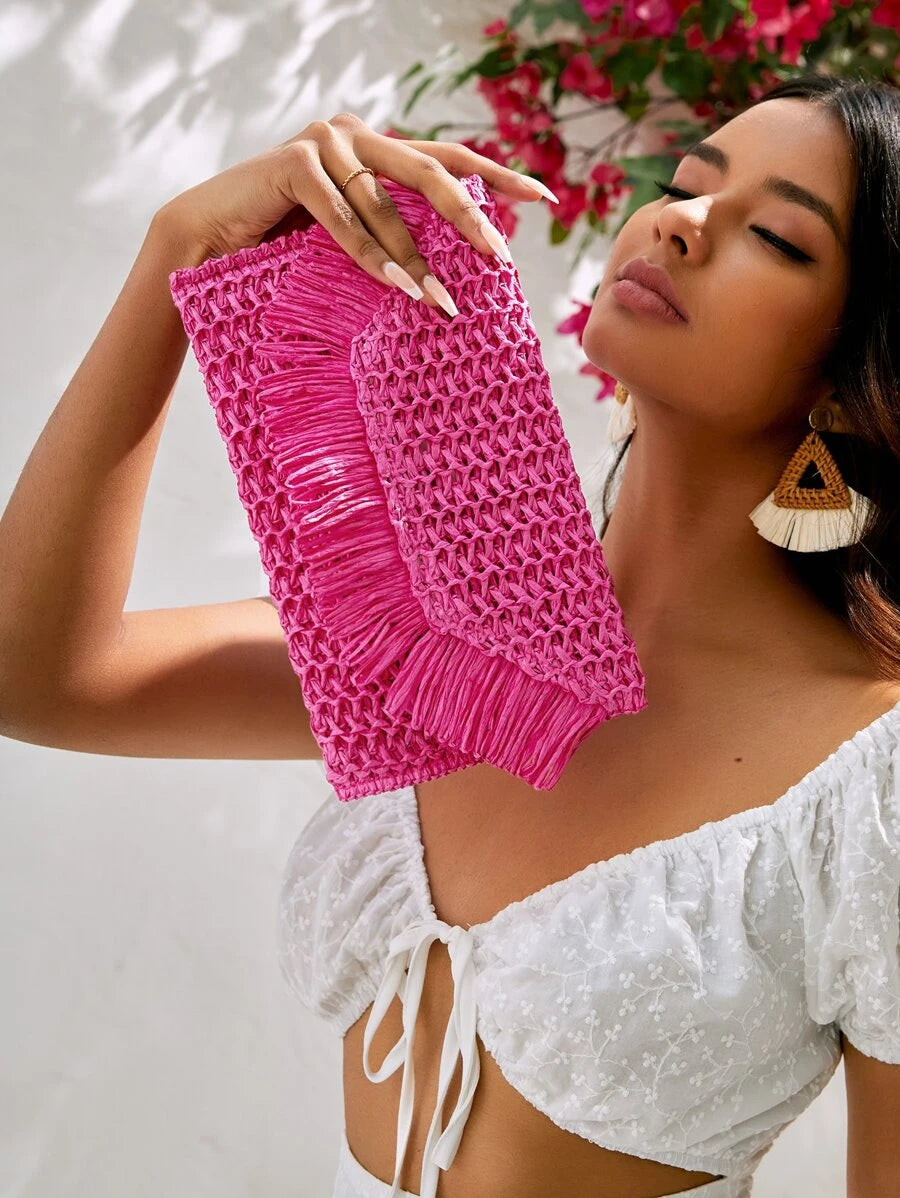 Straw Woven Bag - Pink