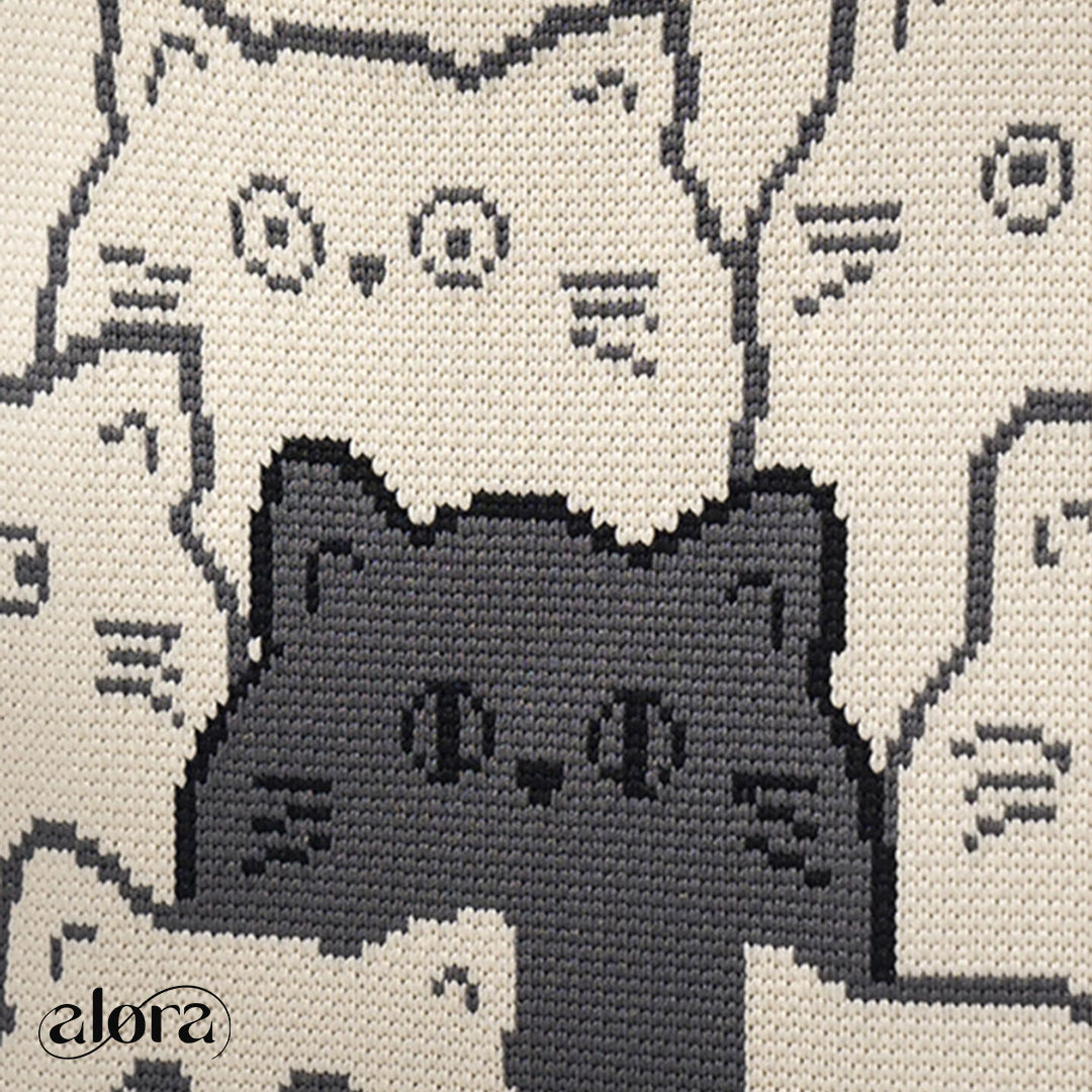 Knitted Tote Bag & Wrist Bag With Cat Pattern
