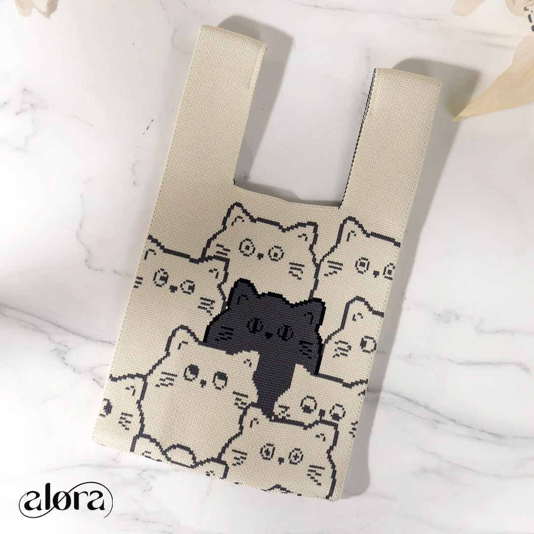 Knitted Tote Bag & Wrist Bag With Cat Pattern