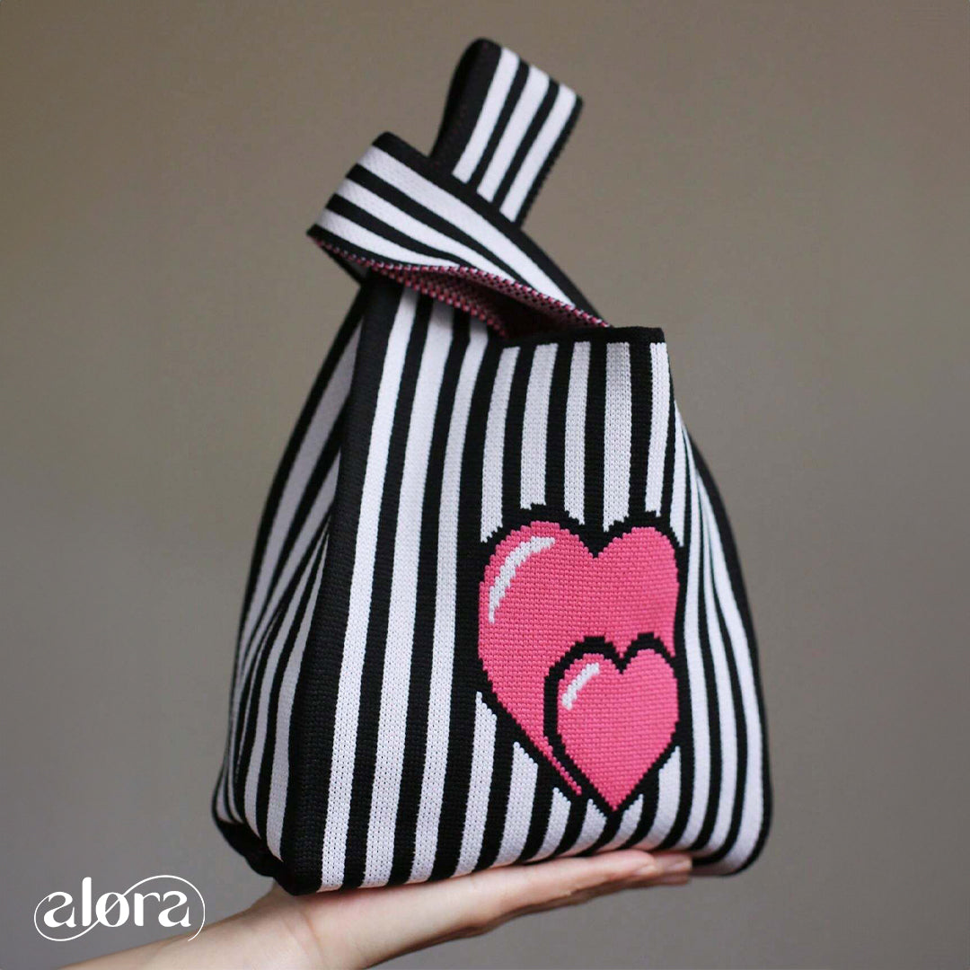 Striped Tote Bag With Heart Print