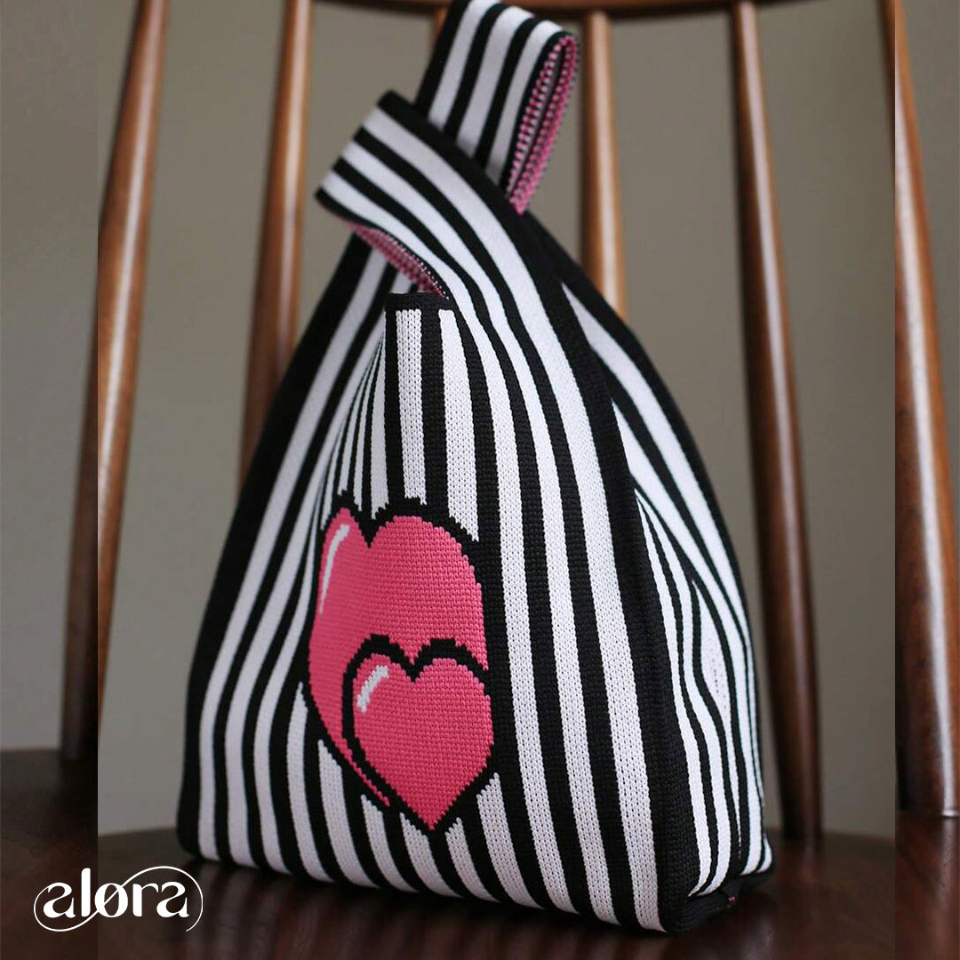 Striped Tote Bag With Heart Print