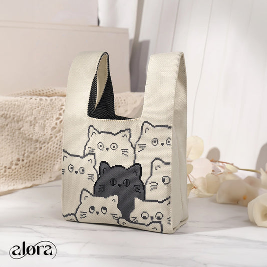 Knitted Tote Bag & Wrist Bag With Cat Pattern